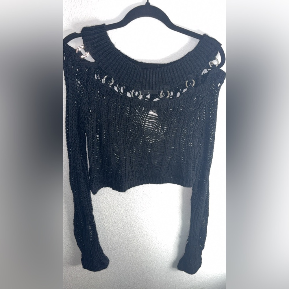 Black Knit Off-Shoulder Sweater - Picture 3 of 4